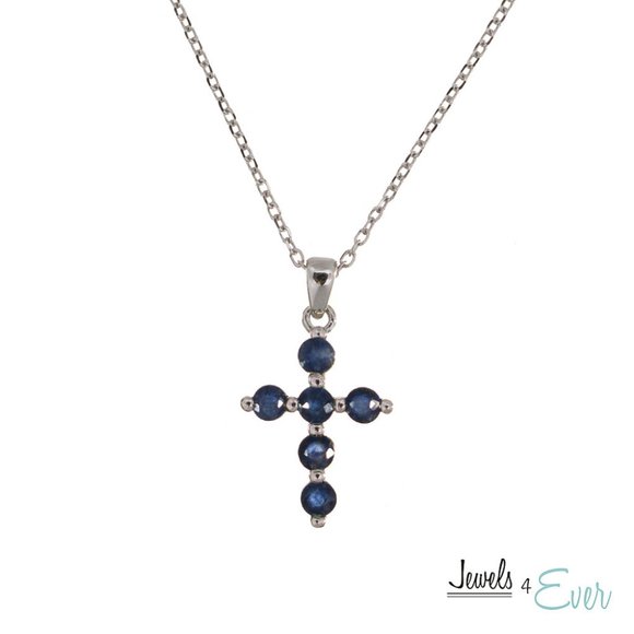 Sterling Silver Cross Blue Sapphire Pendant and Chain - Picture 1 of 2